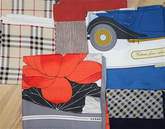 Two Hermes silk scarves and 3 others by Burberry, Aquascutum and Valentino